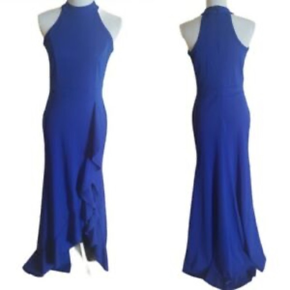Woosea Royal Blue Slit Dress with Ruffles